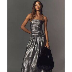 La Maise Studio Elandra Metallic Gold Draped Midi Dress Golden Womens Size Small